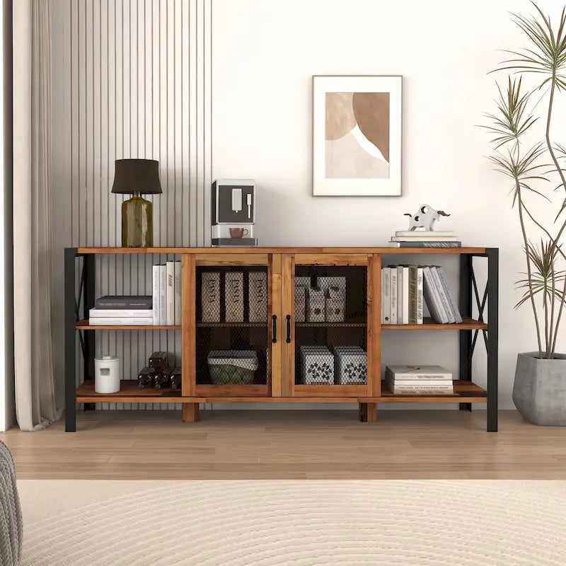 Meuble TV de ferme de 80 pouces, meuble de télévision moderne horizontal en bois et métal avec étagère ouverte