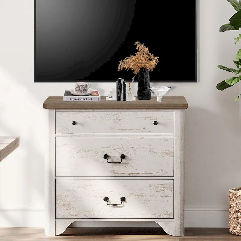 White Farmhouse TV Stand with 3 Drawers, for 2-Person Assembly