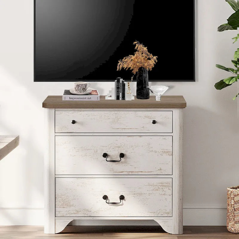 White Farmhouse TV Stand with 3 Drawers, for 2-Person Assembly