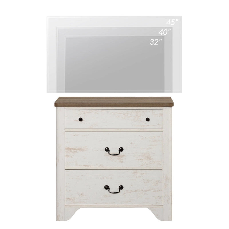White Farmhouse TV Stand with 3 Drawers, for 2-Person Assembly