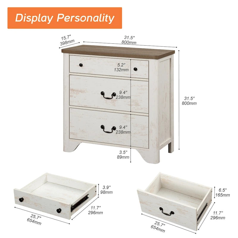 White Farmhouse TV Stand with 3 Drawers, for 2-Person Assembly
