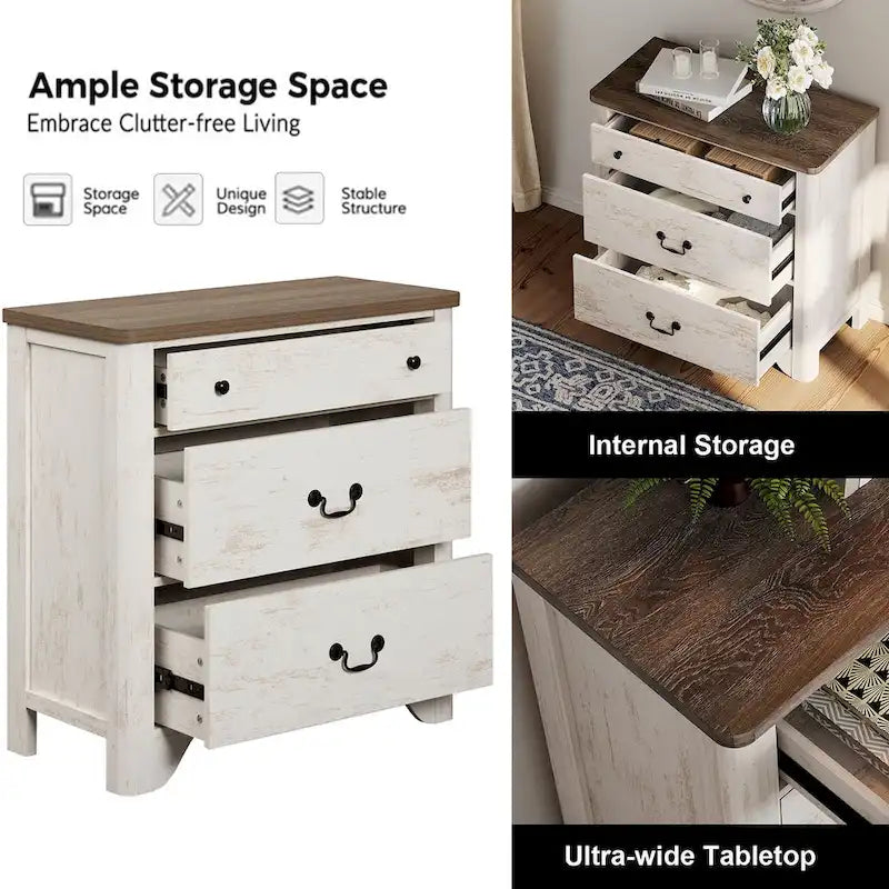White Farmhouse TV Stand with 3 Drawers, for 2-Person Assembly