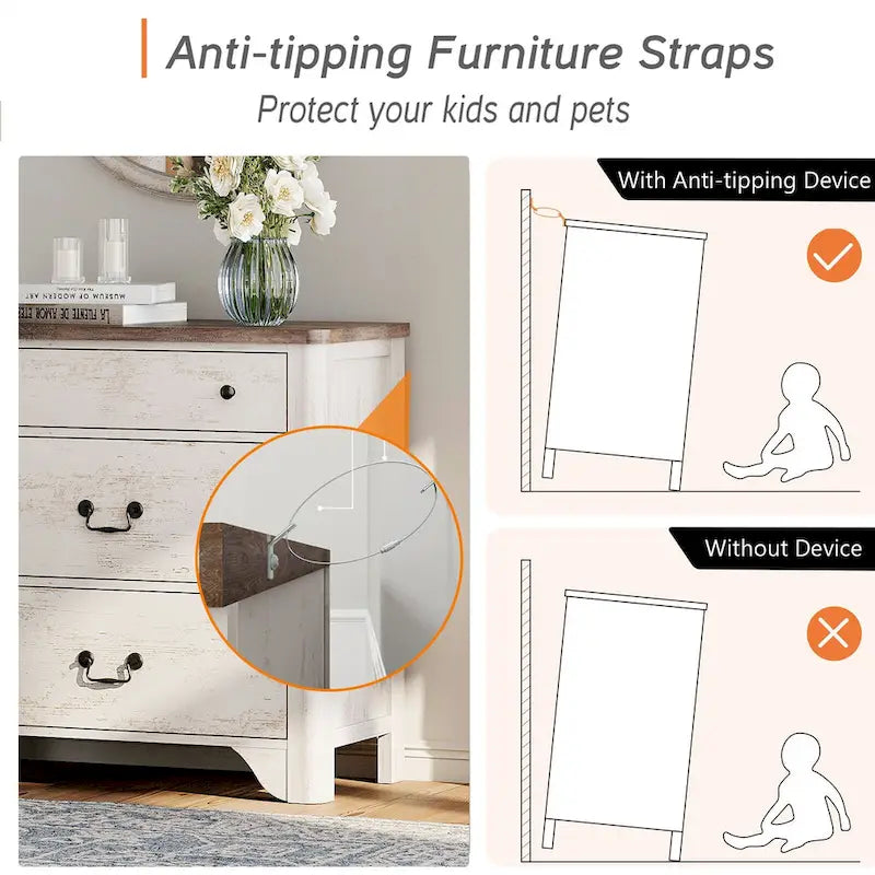 White Farmhouse TV Stand with 3 Drawers, for 2-Person Assembly