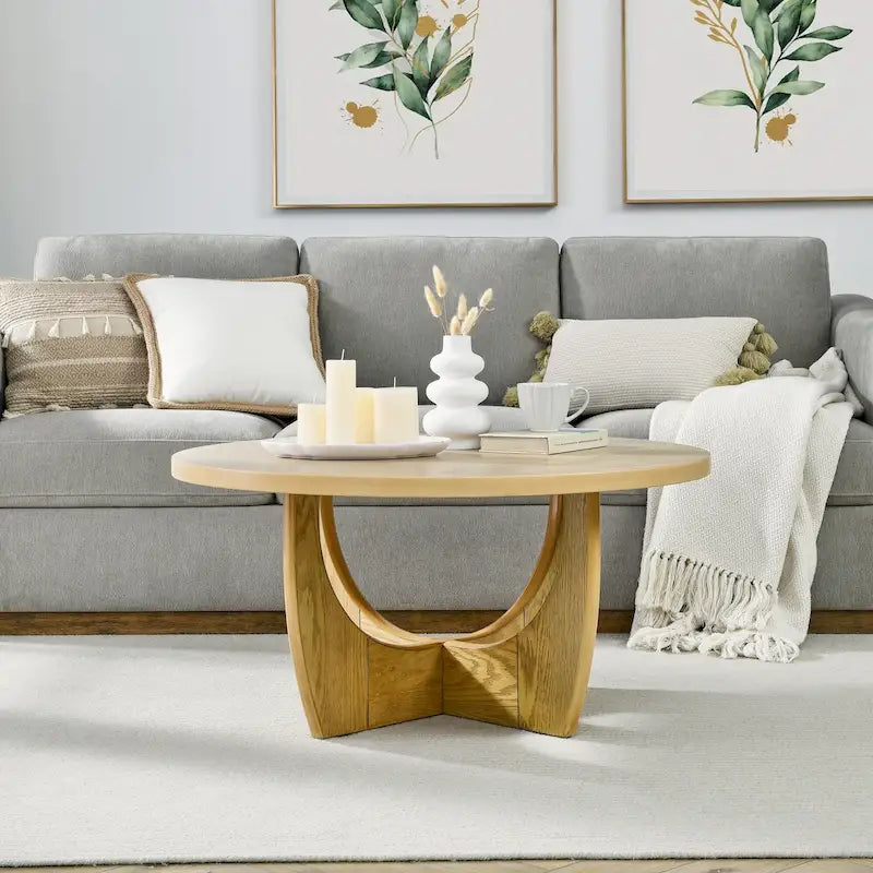 Table basse ronde en chêne avec rangement coulissant, style Mid-Century