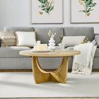 Table basse ronde en chêne avec rangement coulissant, style Mid-Century