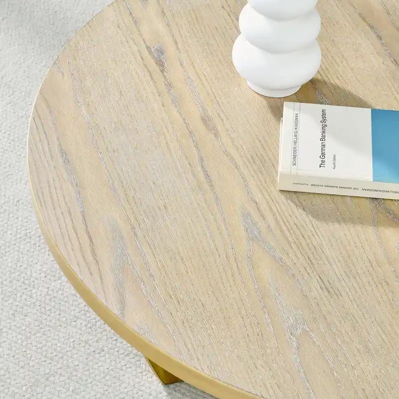 Oak Round Coffee Table with Sliding Storage, Mid-Century Style