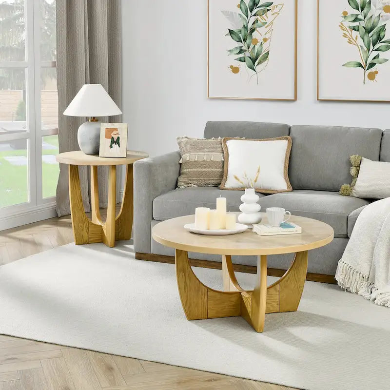Oak Round Coffee Table with Sliding Storage, Mid-Century Style