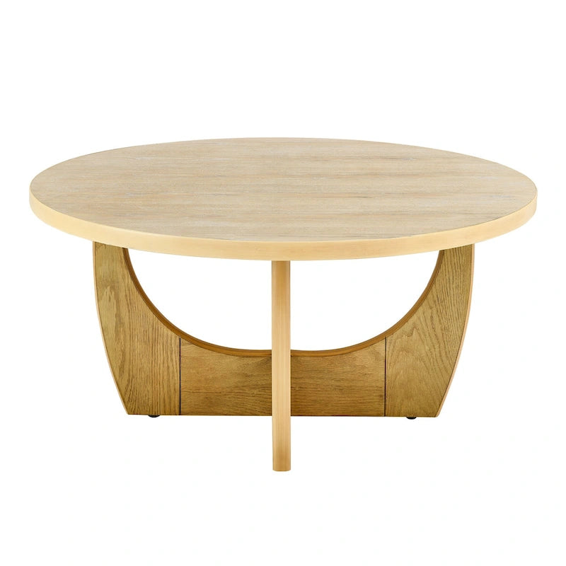 Table basse ronde en chêne avec rangement coulissant, style Mid-Century