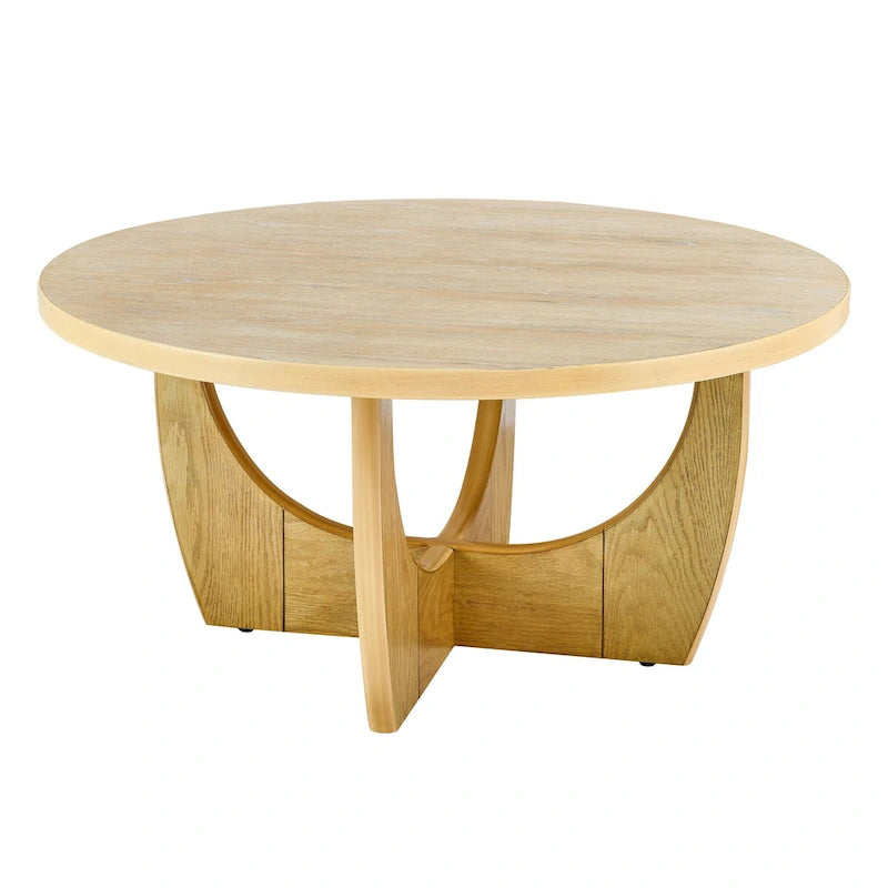 Table basse ronde en chêne avec rangement coulissant, style Mid-Century