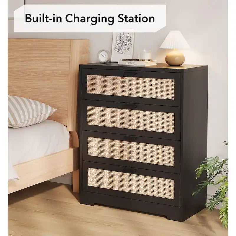Commode 4 tiroirs pour chambre, commode en rotin