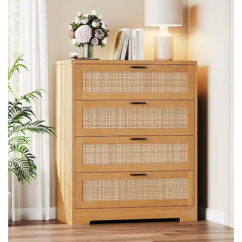 Commode 4 tiroirs pour chambre, commode en rotin