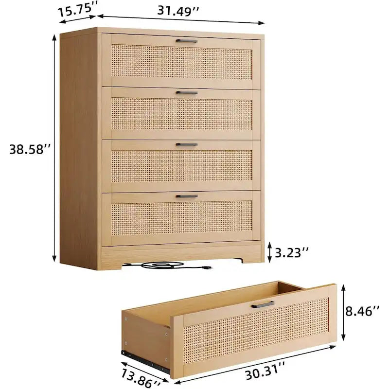 Commode 4 tiroirs pour chambre, commode en rotin