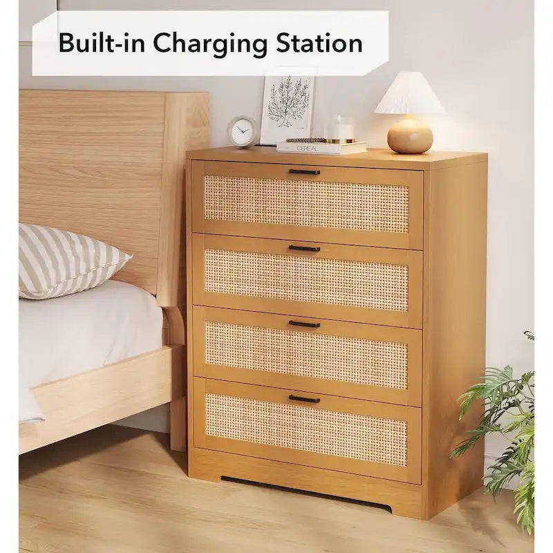 Commode 4 tiroirs pour chambre, commode en rotin