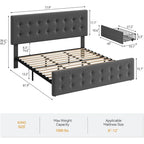 Gray Linen Queen Bed Frame with 4 Storage Drawers & Adjustable Headboard, 1-Person Assembly
