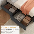 Gray Linen Queen Bed Frame with 4 Storage Drawers & Adjustable Headboard, 1-Person Assembly