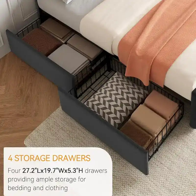 Gray Linen Queen Bed Frame with 4 Storage Drawers & Adjustable Headboard, 1-Person Assembly