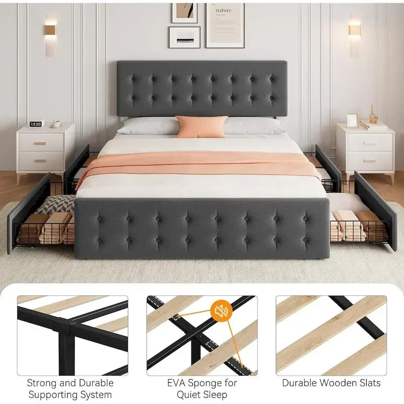 Gray Linen Queen Bed Frame with 4 Storage Drawers & Adjustable Headboard, 1-Person Assembly