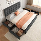 Gray Linen Queen Bed Frame with 4 Storage Drawers & Adjustable Headboard, 1-Person Assembly