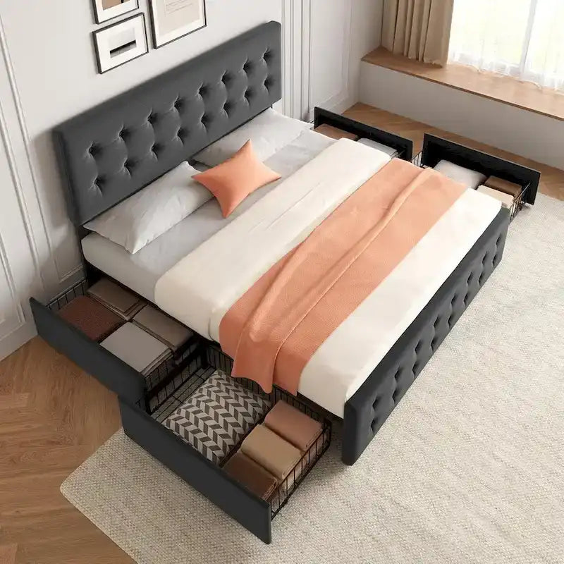 Gray Linen Queen Bed Frame with 4 Storage Drawers & Adjustable Headboard, 1-Person Assembly