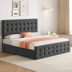 Gray Linen Queen Bed Frame with 4 Storage Drawers & Adjustable Headboard, 1-Person Assembly