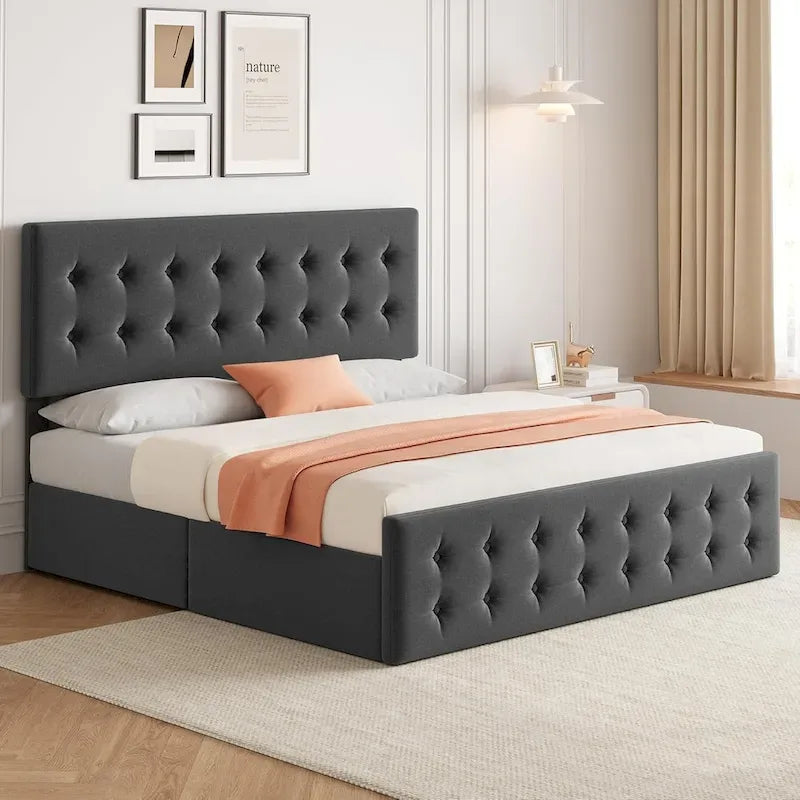 Gray Linen Queen Bed Frame with 4 Storage Drawers & Adjustable Headboard, 1-Person Assembly