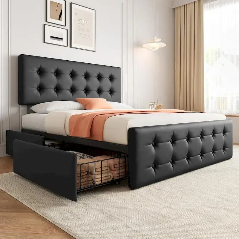 Gray Linen Queen Bed Frame with 4 Storage Drawers & Adjustable Headboard, 1-Person Assembly