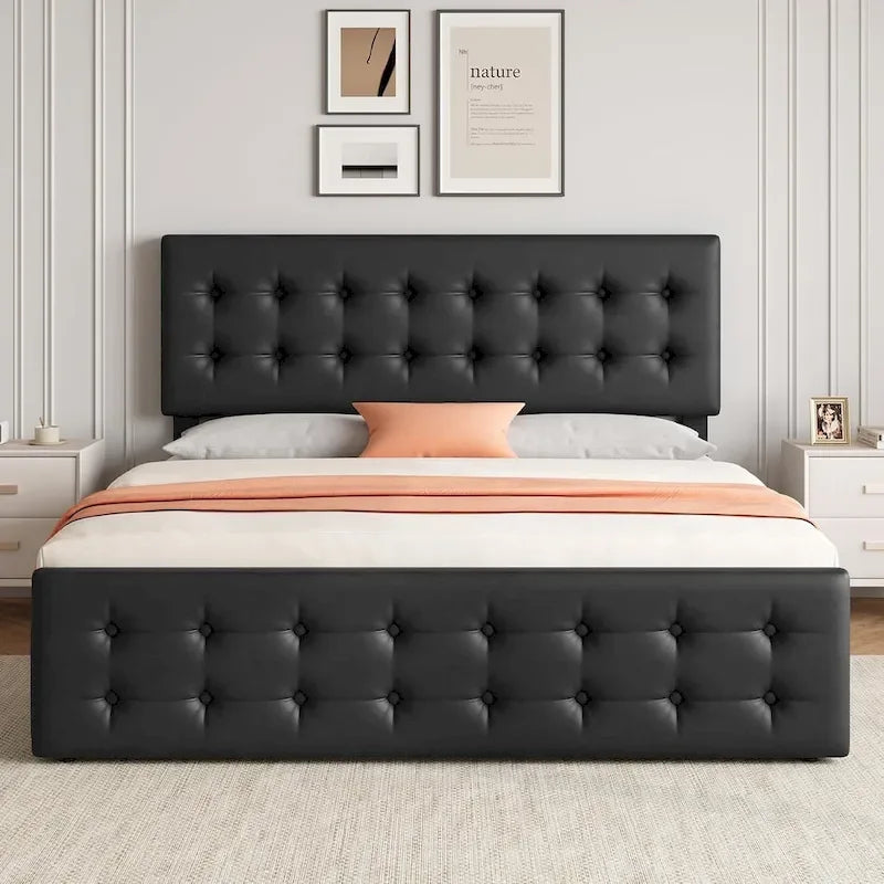 Gray Linen Queen Bed Frame with 4 Storage Drawers & Adjustable Headboard, 1-Person Assembly