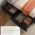 Gray Linen Queen Bed Frame with 4 Storage Drawers & Adjustable Headboard, 1-Person Assembly