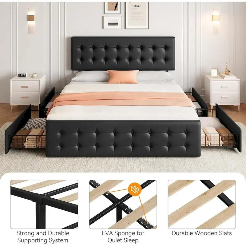 Gray Linen Queen Bed Frame with 4 Storage Drawers & Adjustable Headboard, 1-Person Assembly