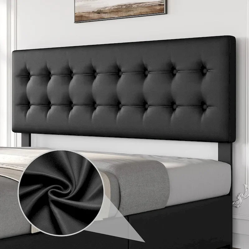 Gray Linen Queen Bed Frame with 4 Storage Drawers & Adjustable Headboard, 1-Person Assembly