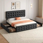 Gray Linen Queen Bed Frame with 4 Storage Drawers & Adjustable Headboard, 1-Person Assembly