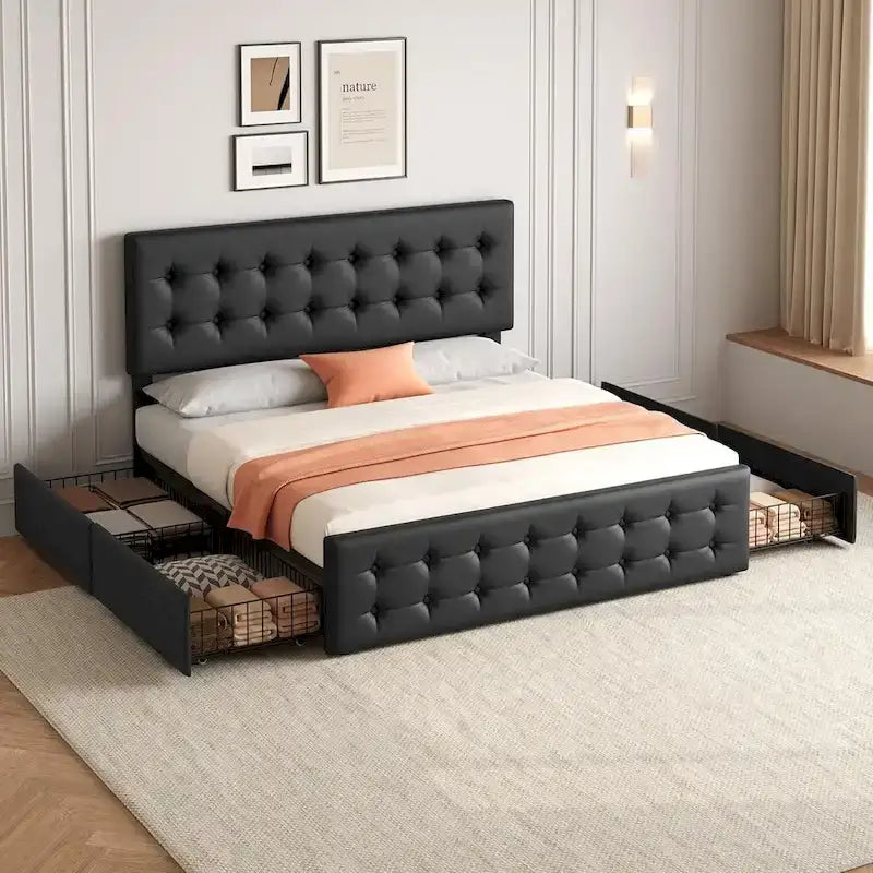 Gray Linen Queen Bed Frame with 4 Storage Drawers & Adjustable Headboard, 1-Person Assembly