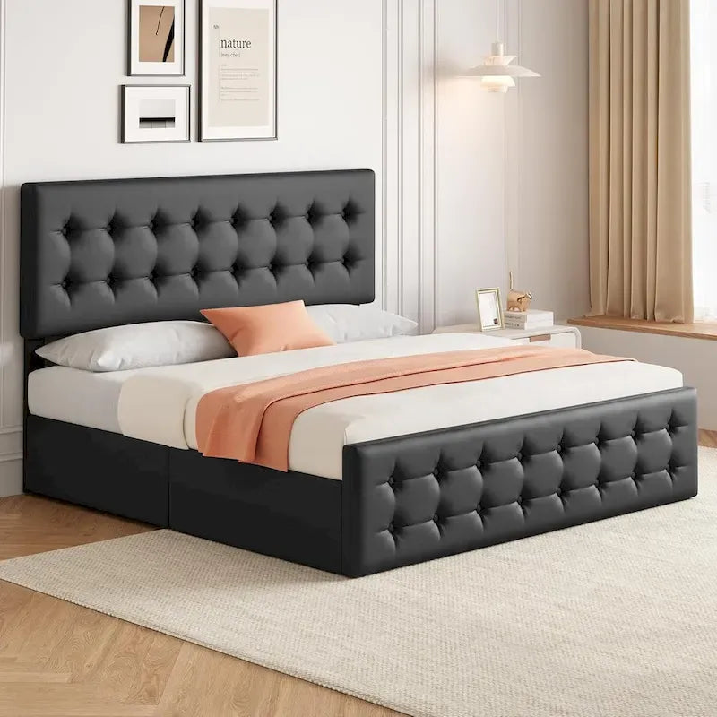 Gray Linen Queen Bed Frame with 4 Storage Drawers & Adjustable Headboard, 1-Person Assembly