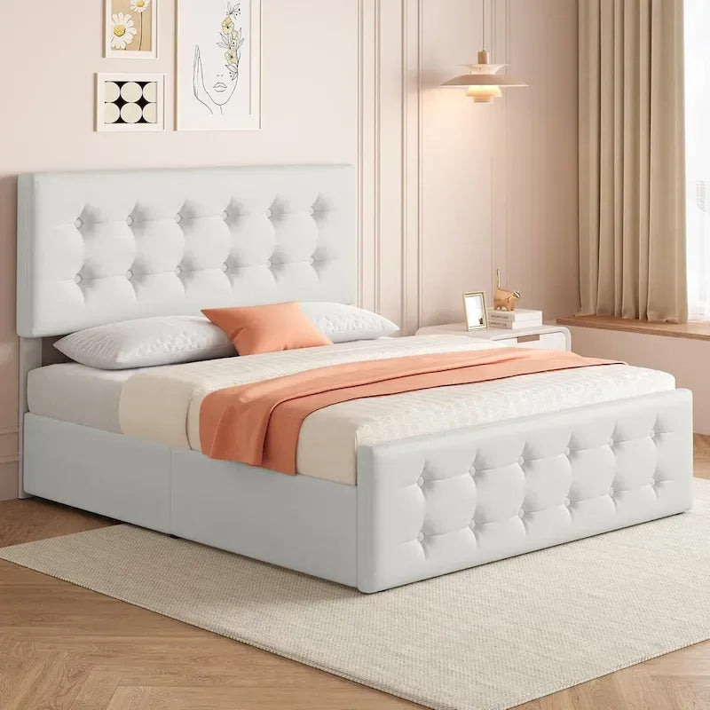 Gray Linen Queen Bed Frame with 4 Storage Drawers & Adjustable Headboard, 1-Person Assembly