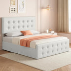 Gray Linen Queen Bed Frame with 4 Storage Drawers & Adjustable Headboard, 1-Person Assembly