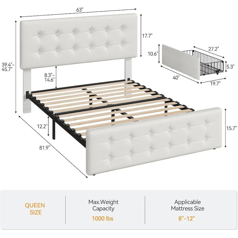 Gray Linen Queen Bed Frame with 4 Storage Drawers & Adjustable Headboard, 1-Person Assembly