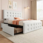 Gray Linen Queen Bed Frame with 4 Storage Drawers & Adjustable Headboard, 1-Person Assembly
