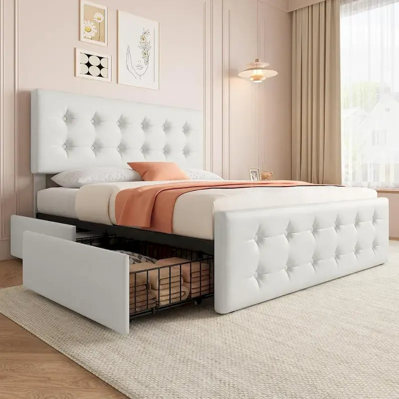 Gray Linen Queen Bed Frame with 4 Storage Drawers & Adjustable Headboard, 1-Person Assembly