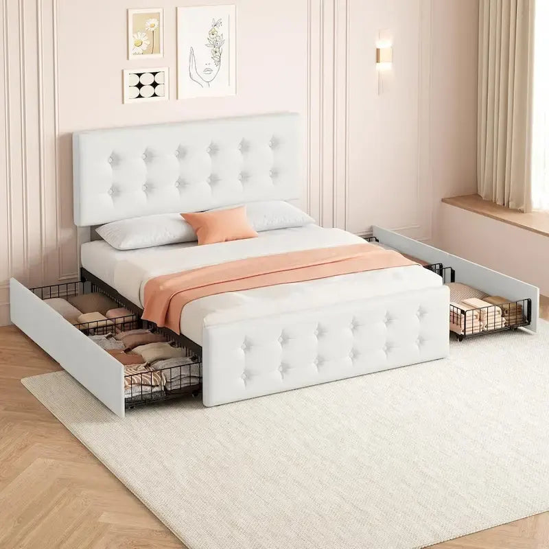 Gray Linen Queen Bed Frame with 4 Storage Drawers & Adjustable Headboard, 1-Person Assembly