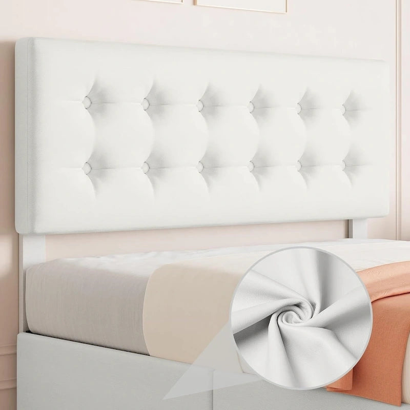 Gray Linen Queen Bed Frame with 4 Storage Drawers & Adjustable Headboard, 1-Person Assembly