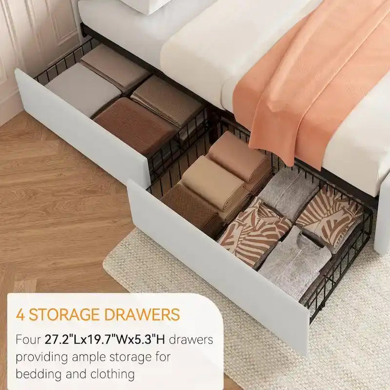 Gray Linen Queen Bed Frame with 4 Storage Drawers & Adjustable Headboard, 1-Person Assembly