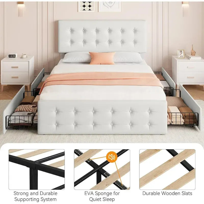 Gray Linen Queen Bed Frame with 4 Storage Drawers & Adjustable Headboard, 1-Person Assembly