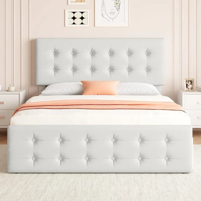 Gray Linen Queen Bed Frame with 4 Storage Drawers & Adjustable Headboard, 1-Person Assembly