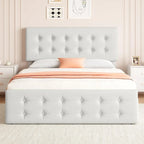 Gray Linen Queen Bed Frame with 4 Storage Drawers & Adjustable Headboard, 1-Person Assembly