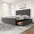 Gray Linen Queen Bed Frame with 4 Storage Drawers & Adjustable Headboard, 1-Person Assembly