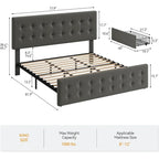 Gray Linen Queen Bed Frame with 4 Storage Drawers & Adjustable Headboard, 1-Person Assembly