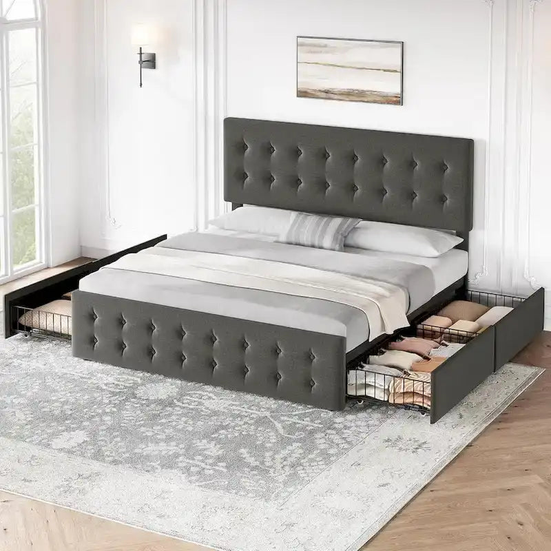 Gray Linen Queen Bed Frame with 4 Storage Drawers & Adjustable Headboard, 1-Person Assembly