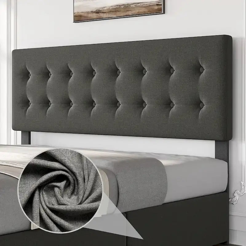 Gray Linen Queen Bed Frame with 4 Storage Drawers & Adjustable Headboard, 1-Person Assembly