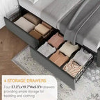 Gray Linen Queen Bed Frame with 4 Storage Drawers & Adjustable Headboard, 1-Person Assembly