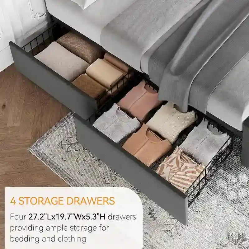 Gray Linen Queen Bed Frame with 4 Storage Drawers & Adjustable Headboard, 1-Person Assembly